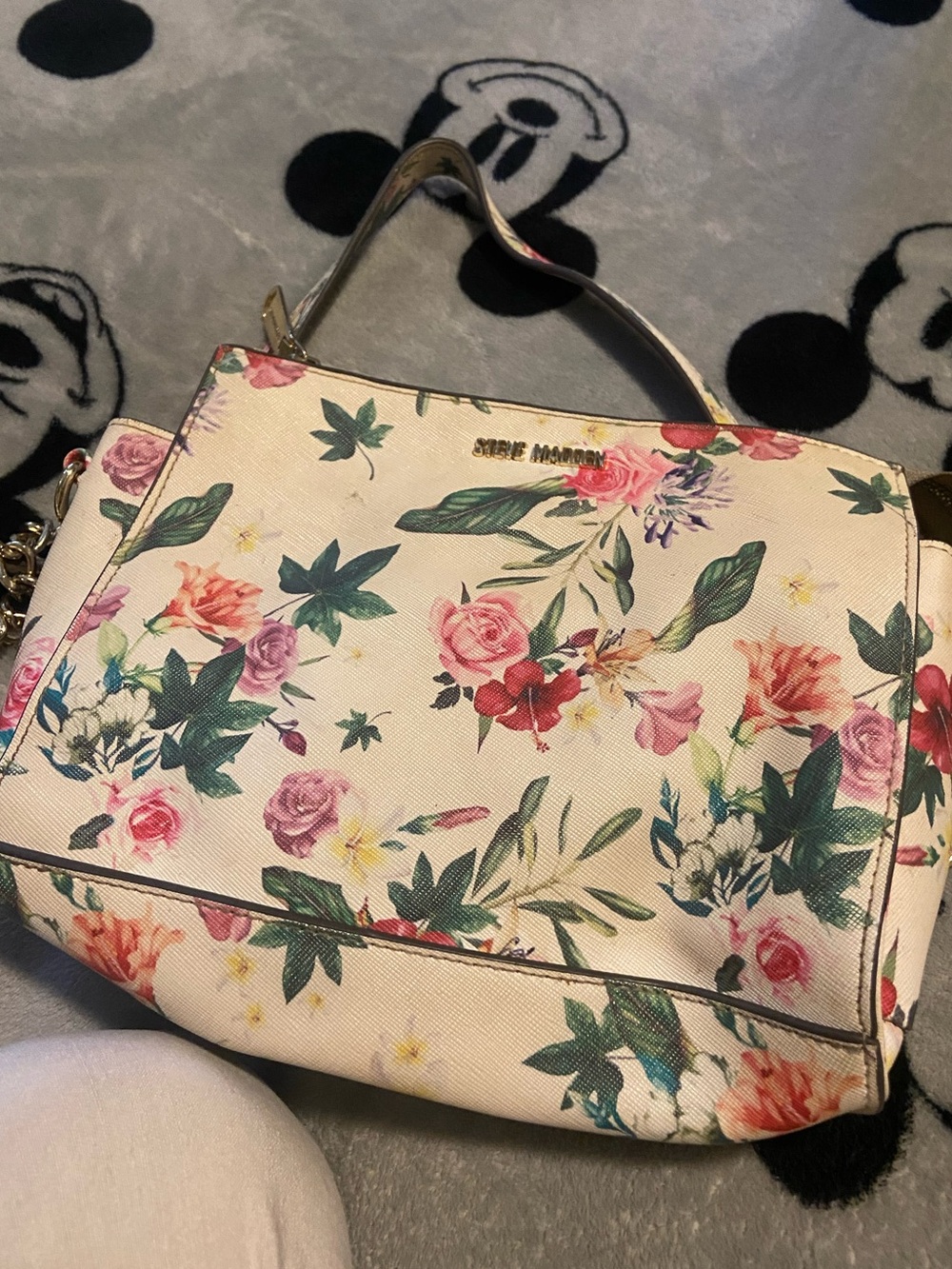 Steve Madden Cream Floral Top-Handle Satchel with Detachable Strap